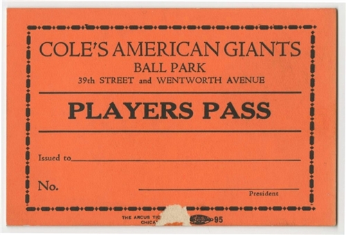 Negro League "Coles American Giants" Player Pass 
